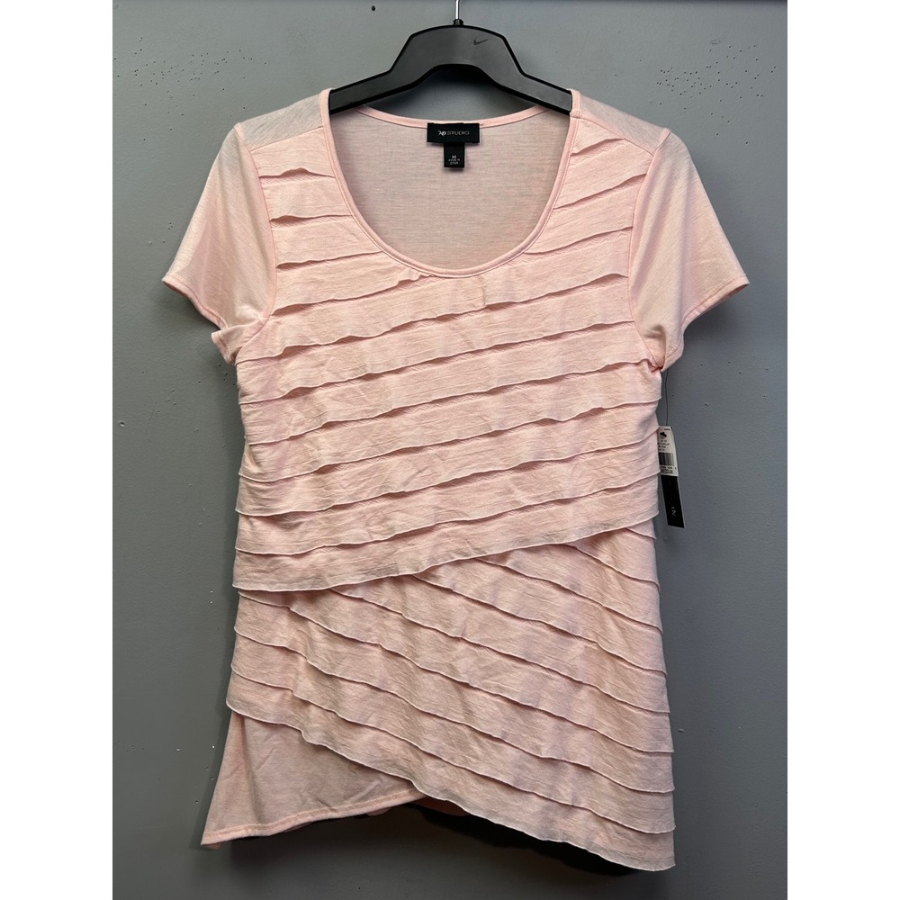 AB Studio Knit Top Womens Medium Pink Ruffle Tiered Short Sleeve Scoop Neck NEW
